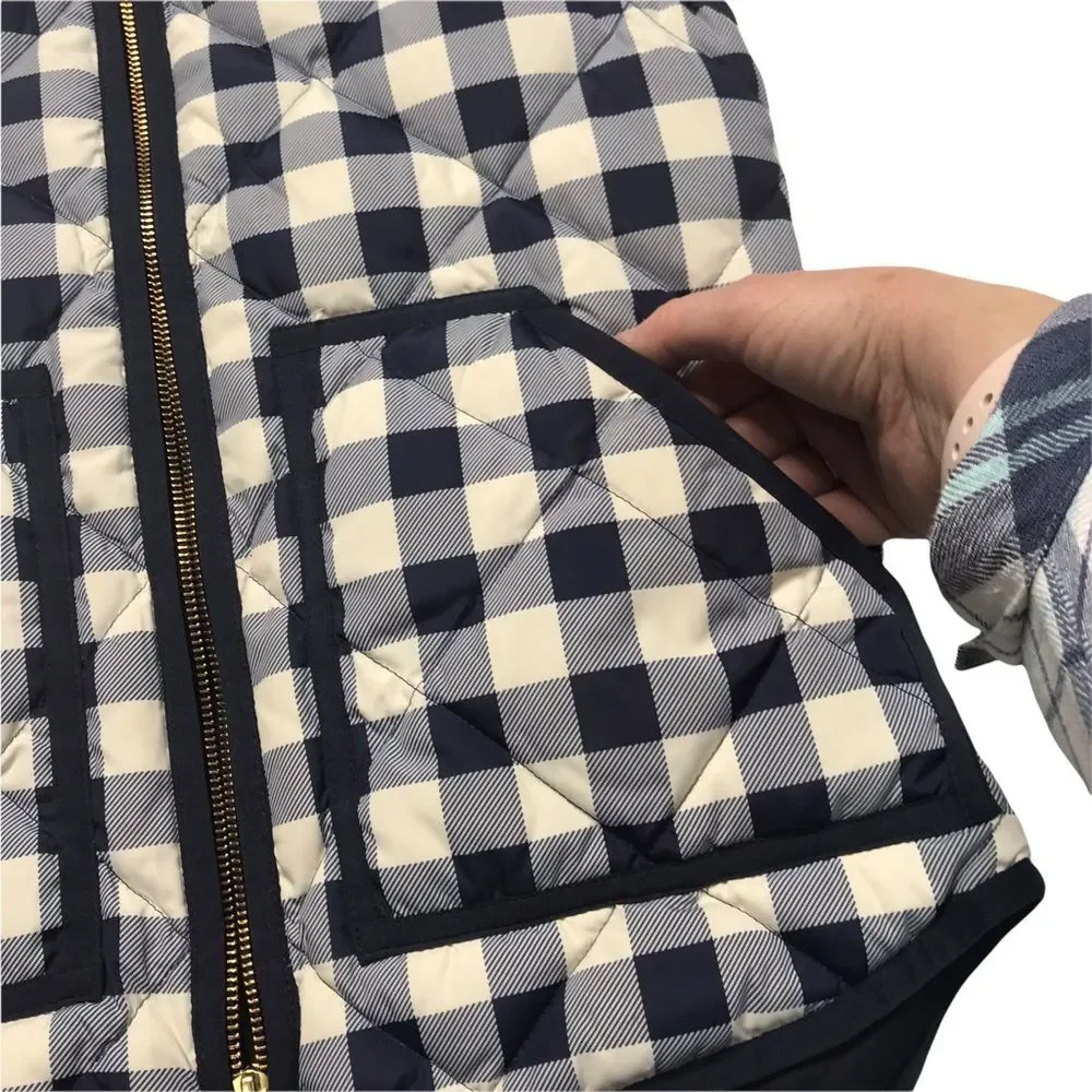 J. Crew Buffalo Check Cream and Navy Double Zip Down Filled Puffer Vest Sz XXS